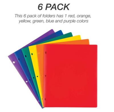 Samsill Heavy Duty Plastic Folders - 3 Hole Punch 2 Pocket - 6 PACK - Poly Set