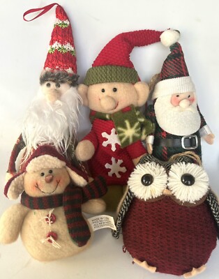 Lot Of 5 Vintage to now Fabric stuffed Christmas Tree Ornaments Santa Snowman