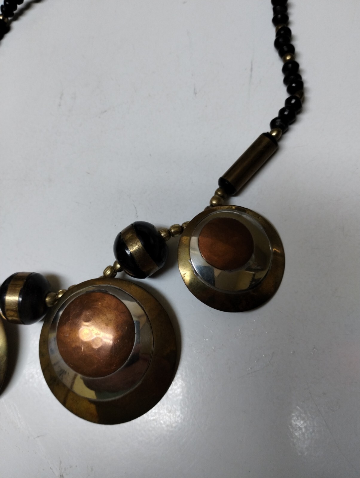 Brass & Copper Circle Statement Necklace Woven Bo… - image 8