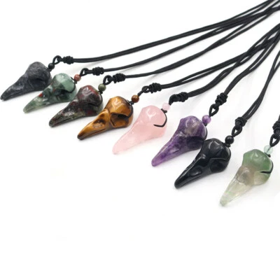Crow Head Bird Skull Natural Crystal Necklace Hand Carving Quartz Stone Pendant - Image 1 of 4