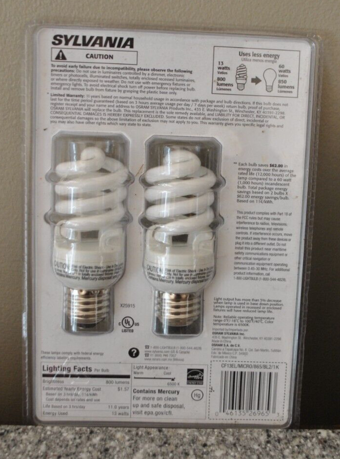 2-Sylvania Micro Mini Bulb 13w 60 Watt Replacement Cf13EL T2 Candelabra 6500k