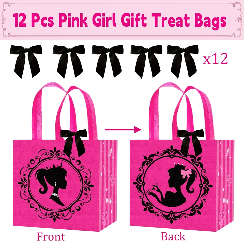 12Pcs Hot Pink Girl Party Gift Treat Bags with Handles Pink Girl Grocery Shoppin - Imagem 2 de 4