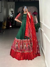 Latest Bollywood Style Green Dola Silk Gown With Red Dupatta For Women