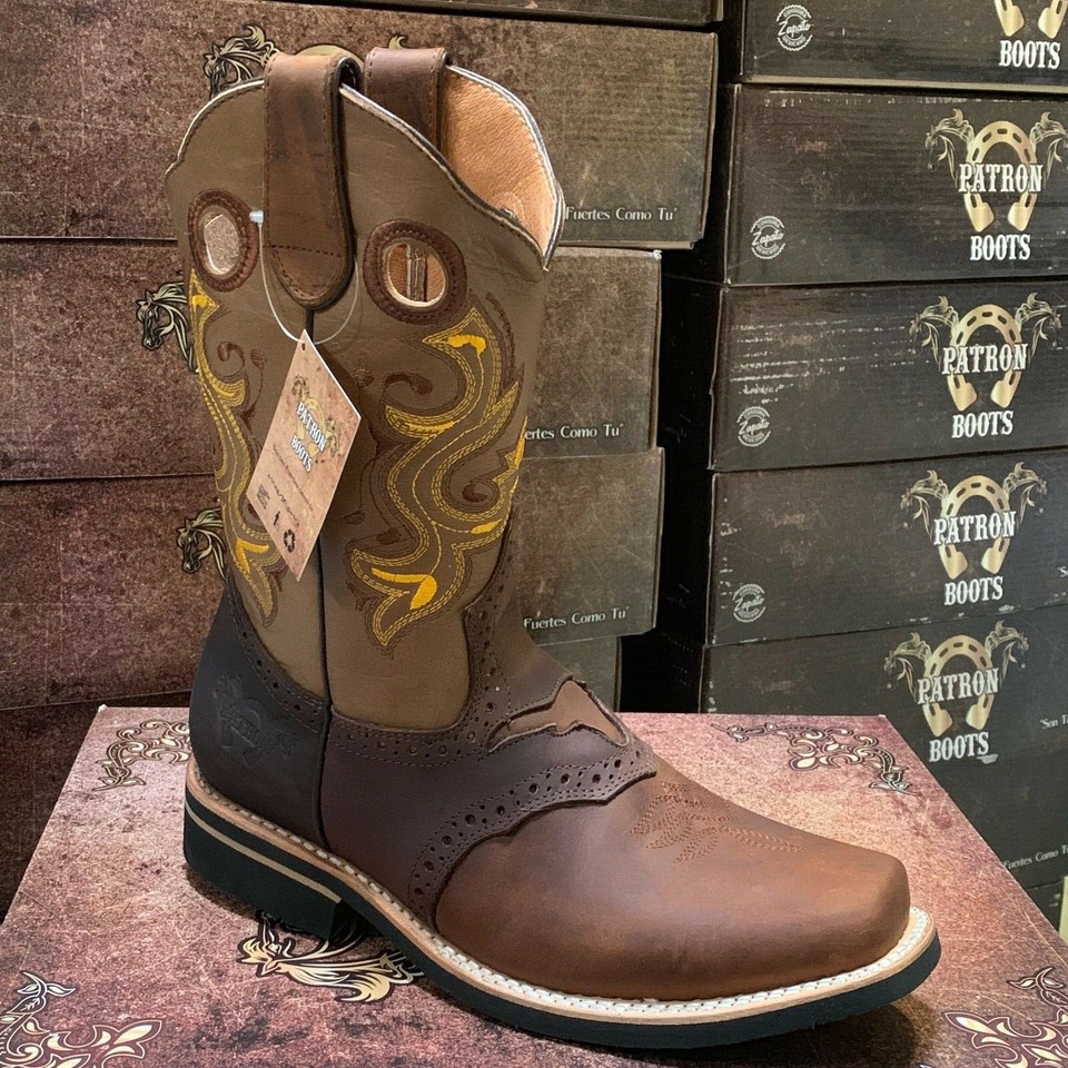 MEN'S RODEO COWBOY BOOTS GENUINE LEATHER WESTERN SQUARE TOE BOTAS ...