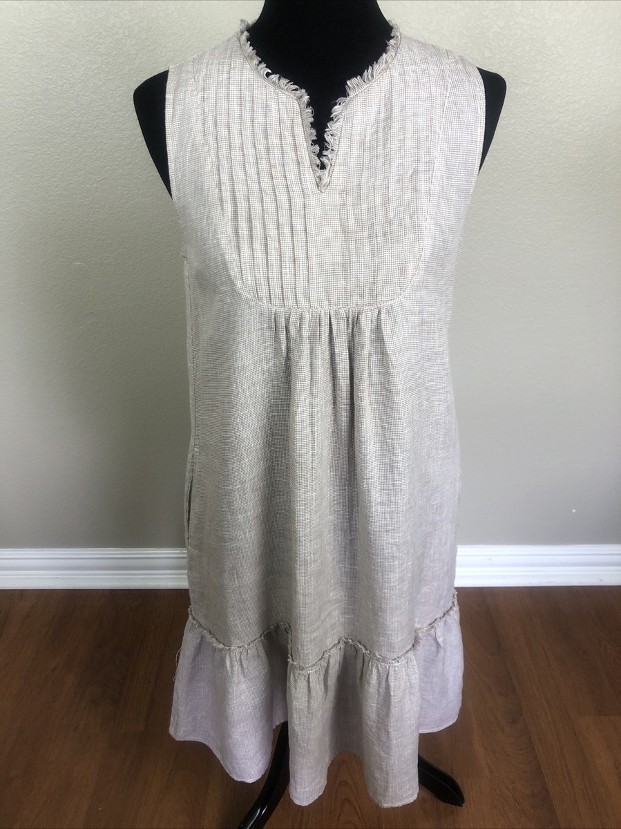 J. McLaughlin $198 NWOT XS/S 36" Maryann 100% Linen Dress Pintuck  Sleeveless Tan