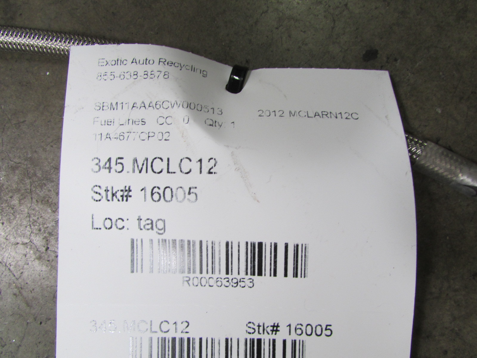 Mclaren MP4-12C Fuel Line, Used, P/N 11A4677CP.02