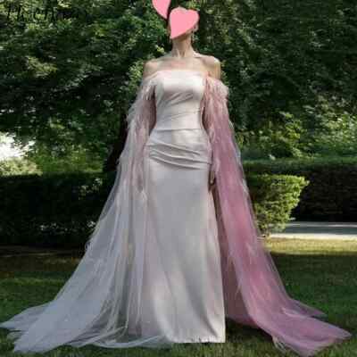 Pink Evening Dresses Strapless Feathers Shiny Tulle Celebrity Occasion Dress