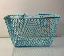 Vintage Aqua Blue Wire Mesh Storage Basket with Folding Handle – 10” x 5.5” x 8”