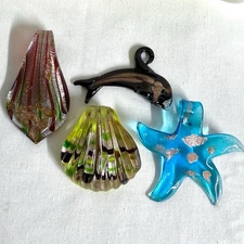 4 Murano Style Art Glass Pendants – Starfish, Dolphin, Shells – Lampwork