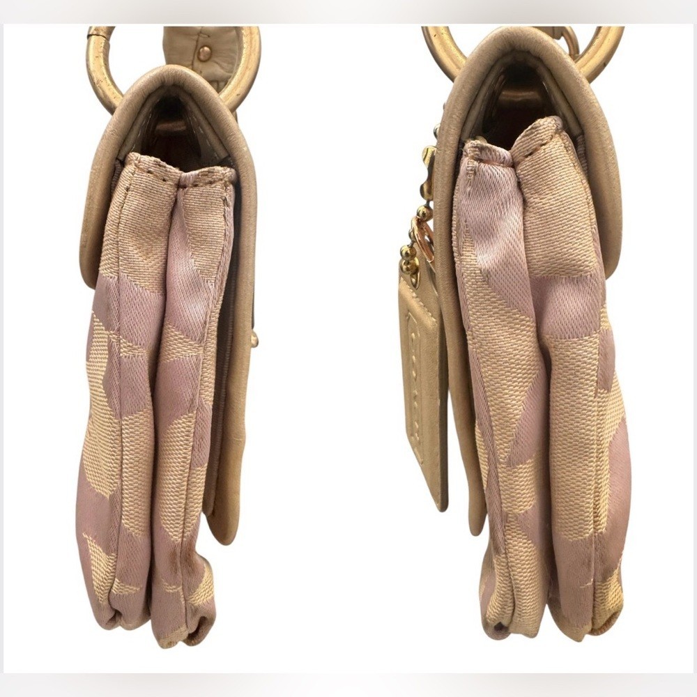 バッグ Coach Pink Parker Signature Ruched Bag Coach Rare Pink and Beige Parker Bow Ruched Mini Small Shoulder