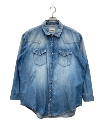 Authentic MYTHINKS Rayon Silk Distressed Western Denim Shirt L Indigo Men  #1647