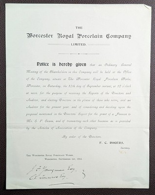 1914 Worcester Royal Porcelain Company Royal Porcelain Works Worcester Notice