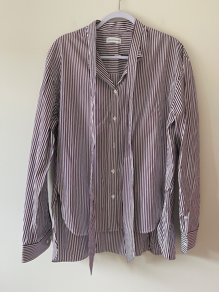Scanlan Theodore Size 8 Womens Button Down Shirt Necktie Curved Shirttails EUC