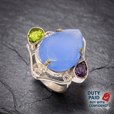 925 Sterling Silver Genuine Blue Chalcedony Wife Handcrafted Throat Chakra Ring