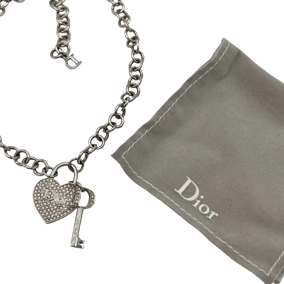 Collar Gargantilla Dior Plata Corazón Llave Logo Cristal Diamante Grueso De Colección Y2K Foto 4 de 4