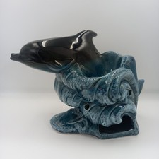 ceramic pottery dolphin on wave oil wax fragrance tealight burner 18cm