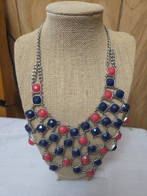 Fashion Coral Red & Black Plastic Stones Cluster Silver Tone Chain Necklace 20
