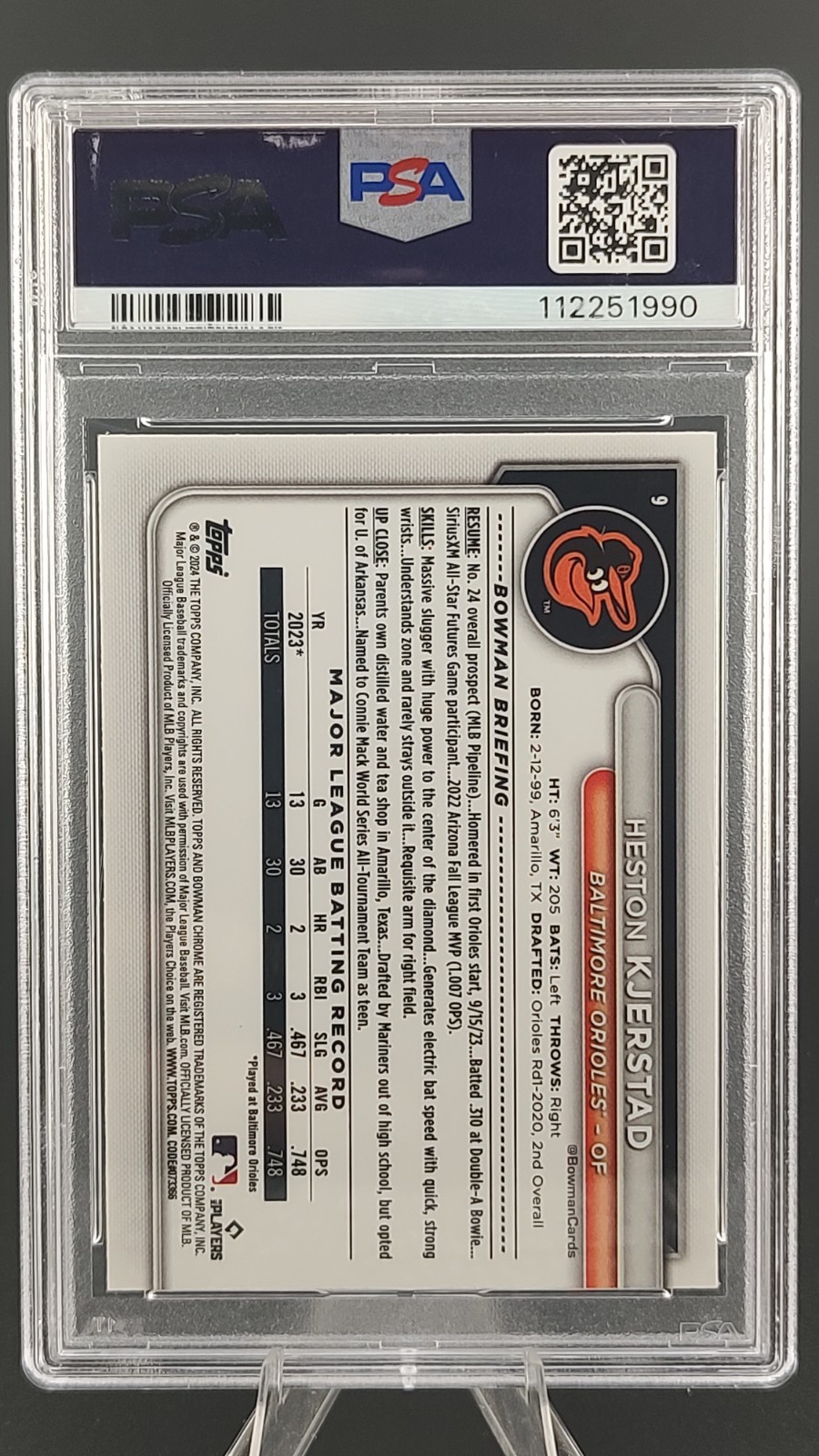 2024 Bowman Mega - HESTON KJERSTAD - RC Orange Chrome #/25 SP Orioles #9 PSA 10 view 2