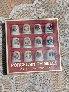 Vintage Set of 12 Porcelain Horse Collectible Thimbles In Original Box