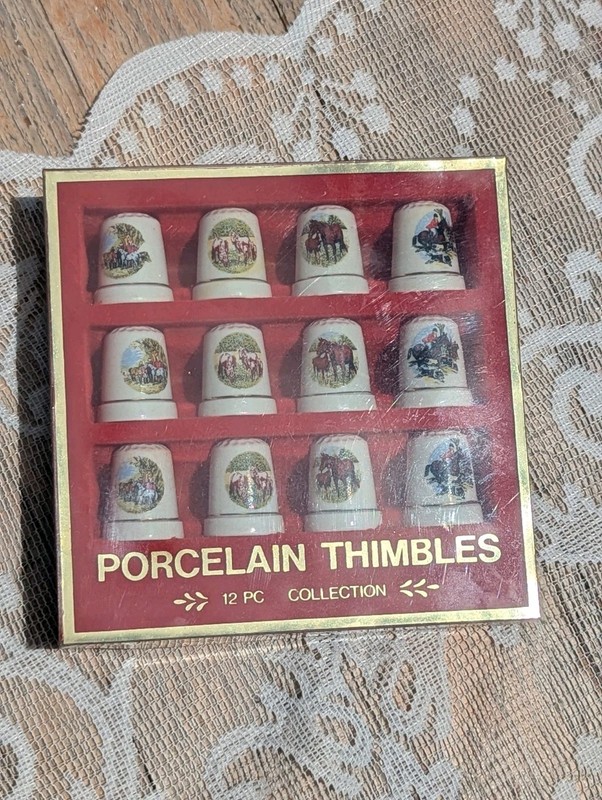Vintage Set of 12 Porcelain Horse Collectible Thimbles In Original Box