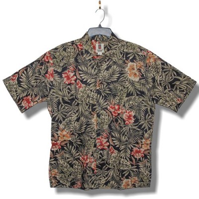 TORI RICHARD Medium 100% Cotton Lawn Hawaiian Shirt Hibiscus Flower Leaves Black