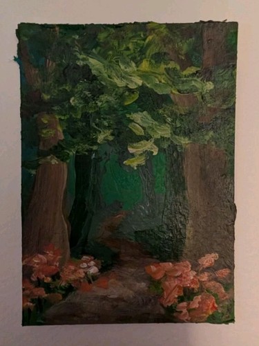 ACEO Original Art Card, Acrylic, Forest, Fantasy, Landscape, Flowers, Katie Mart
