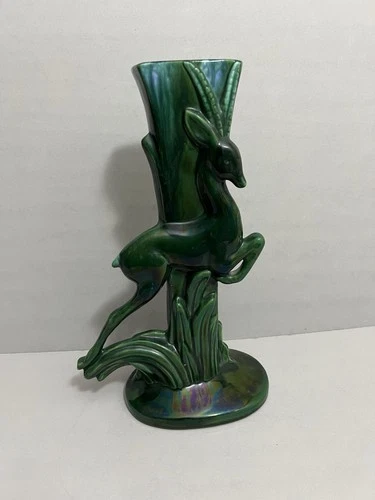 Vintage MCM Royal Haeger R706 Gazelle Antelope Drip Glaze Vase Green 1940s