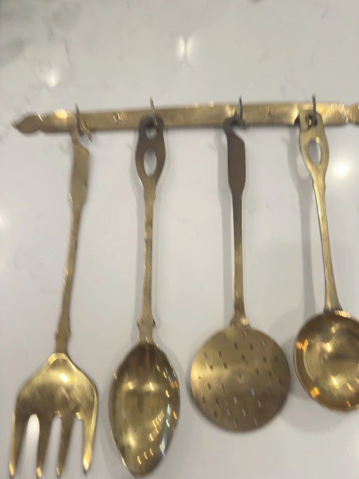 Set of 4 Vintage Brass Cooking Utensils w/ Wall Hanger Spoon Fork Ladle etc - Image 2 of 4