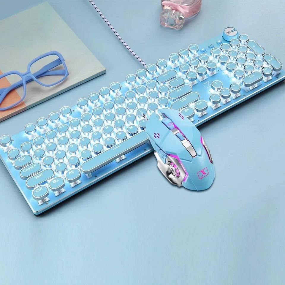 XINMENG X9 104Keys Wired Retro Vintage Gaming Keyboard &Mouse White LED Cute - Image 2 of 4