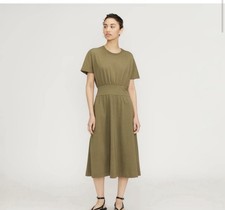 Everlane Dress Womens Medium Olive Green Elastic Waist Midi Organic Cotton