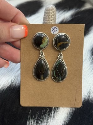 Native American Sterling Silver Large Double Stone Blackjack Turquoise Earrings