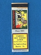 Famous Hot Wiener Lunch Hanover Pennsylvania VTG Matchbook Cover Lt#1348