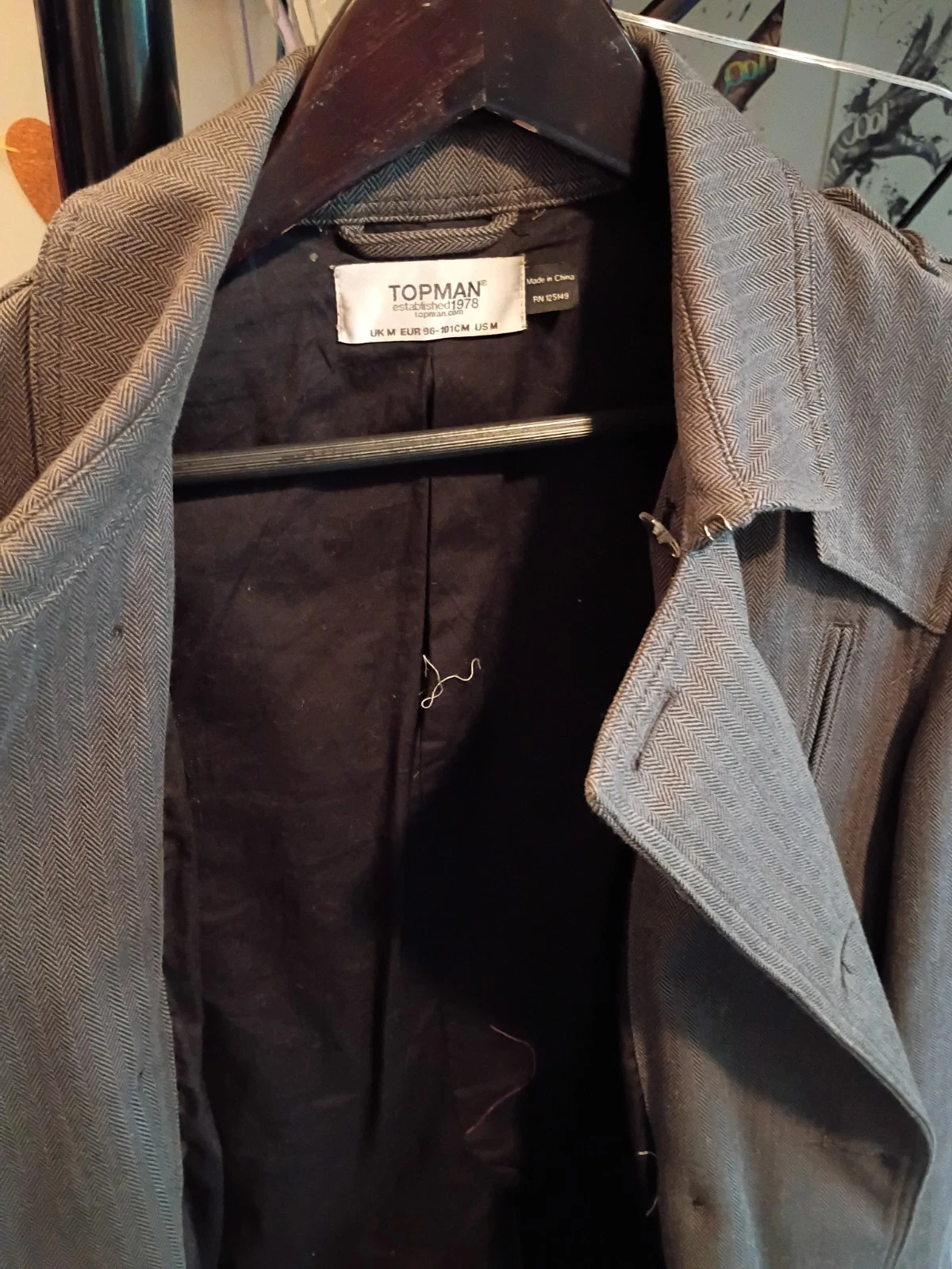 Topman 1978 Men's Medium Grey Double-Breasted Military Trench Coat Jacket" image 3