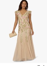 Adrianna Papell Beaded Mesh Flutter Dress Champagne Floral Embroidered Size 6