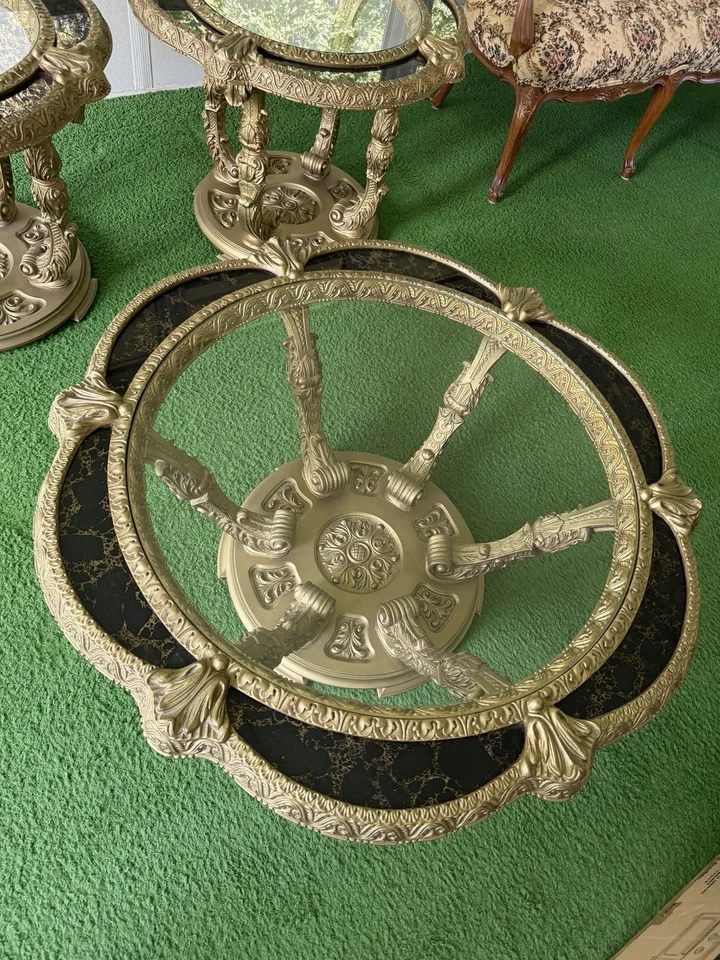 Set 3 Hollywood Regency Glass Top Gold Gilt & Faux Marble Coffee & 2 End Tables - Image 4 of 4