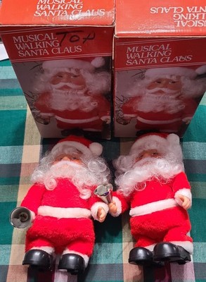 Vintage Santa Claus Walking Musical Electronic Christmas Decor Lot Of 2 In Box