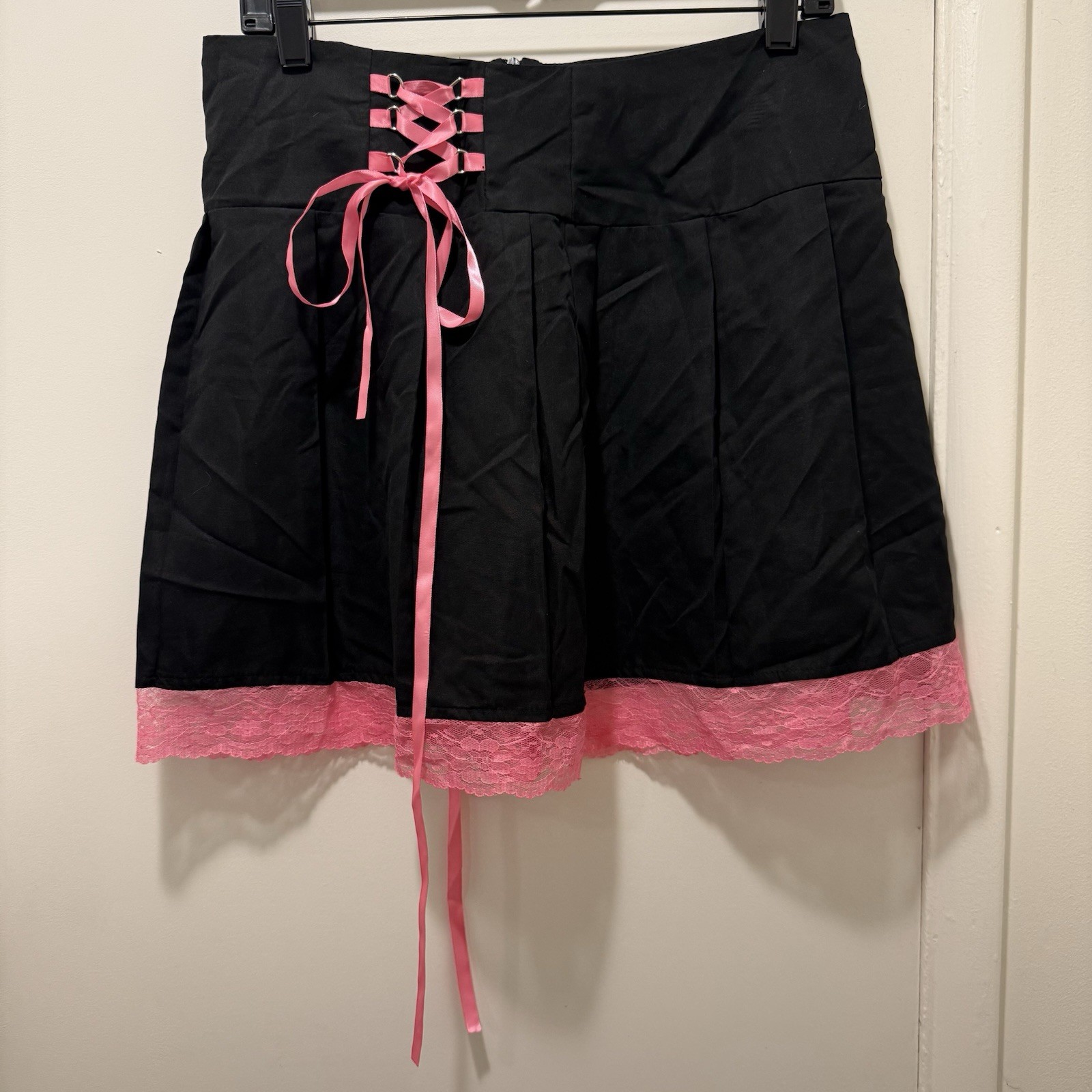 Pleated Mini Skirt Black & Pink Lace Corset Whimsigoth Y2K Harajuku Goth