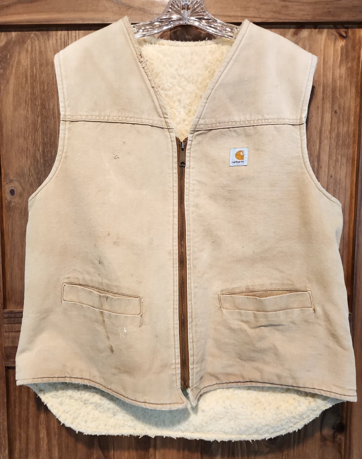 VTG Carhartt Vest Mens Size L Sherpa Fleece 6SV Duck Canvas USA 1980s Workwear