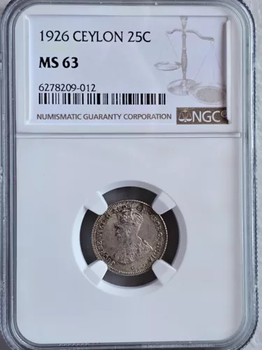Ceylon 25 Cents 1926 NGC MS 63