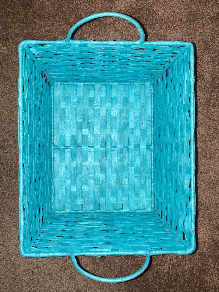 Aqua Woven Basket w/ Handles Colored Reed Storage Holder Home Decor Turquoise - Image 2 of 4