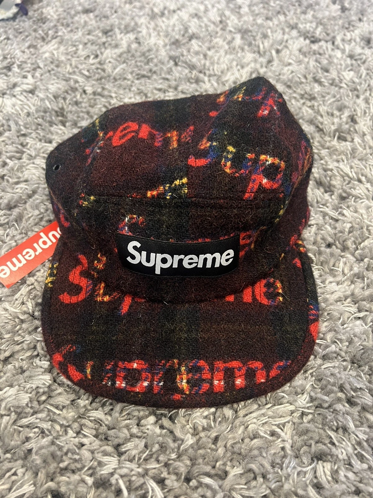Casquette de camp Supreme Harris tweed rouge à carreaux neuve avec étiquette FW18