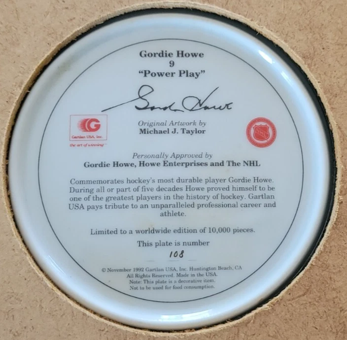 Gordie Howe Power Play Signed 1992 Gartlan USA Ceramic Plate With Frame - Image 4 of 4