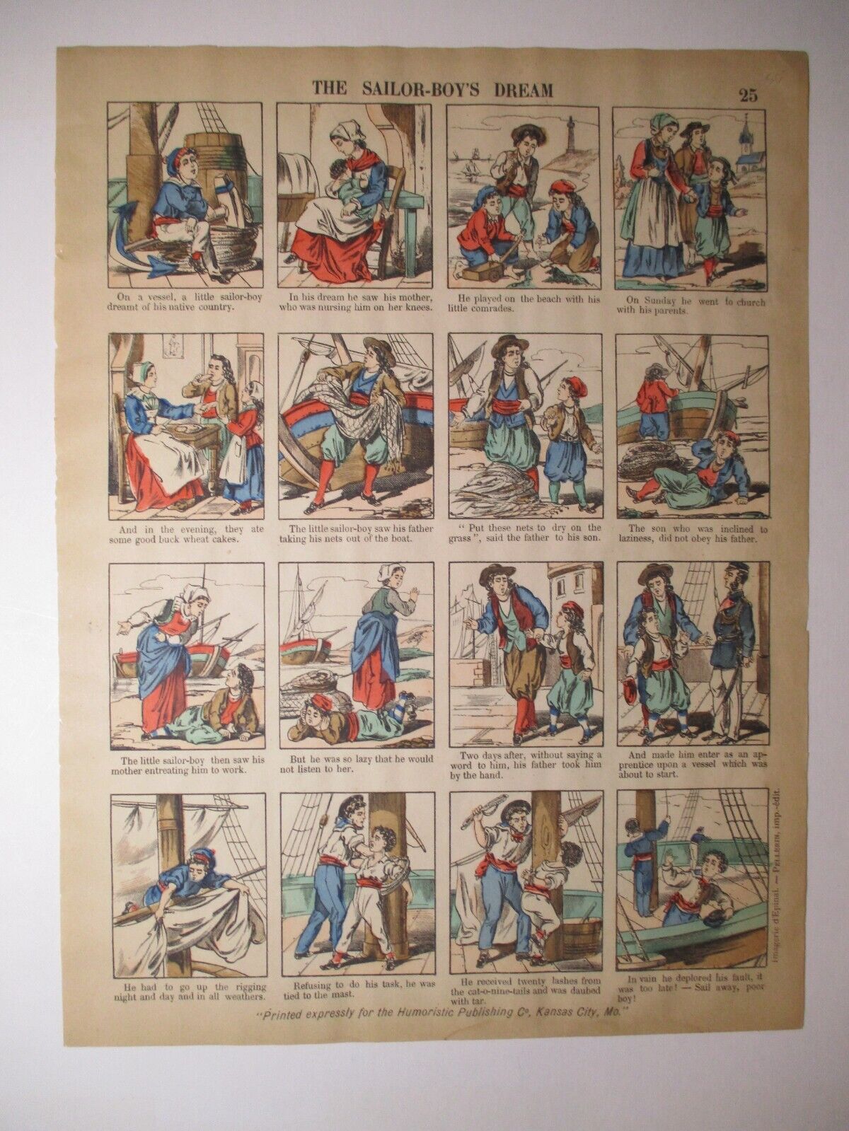 1888 Very Early COMIC STRIP Hand-Colored IMAGERIE d'EPINAL MR. HEEDLESS #  21