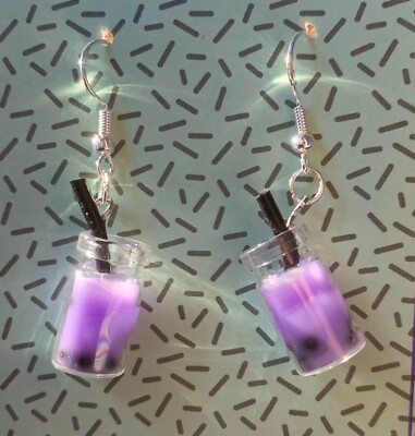 Handgemachte lila Bubble Tea silberfarbene Ohrhänger Ohrringe Paar Modeschmuck