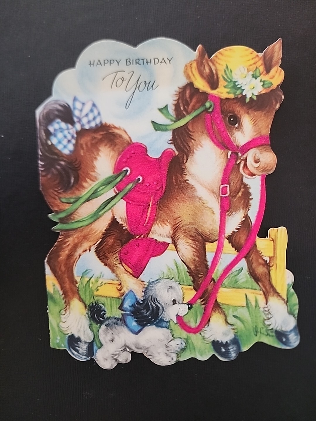 Biglietto di auguri compleanno vintage Gibson cavallo pressofuso pony sella rosa cappello di paglia cane