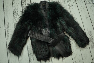Balmain H&M Faux Fur Jacket Belted Faux Leather Trim Black Green