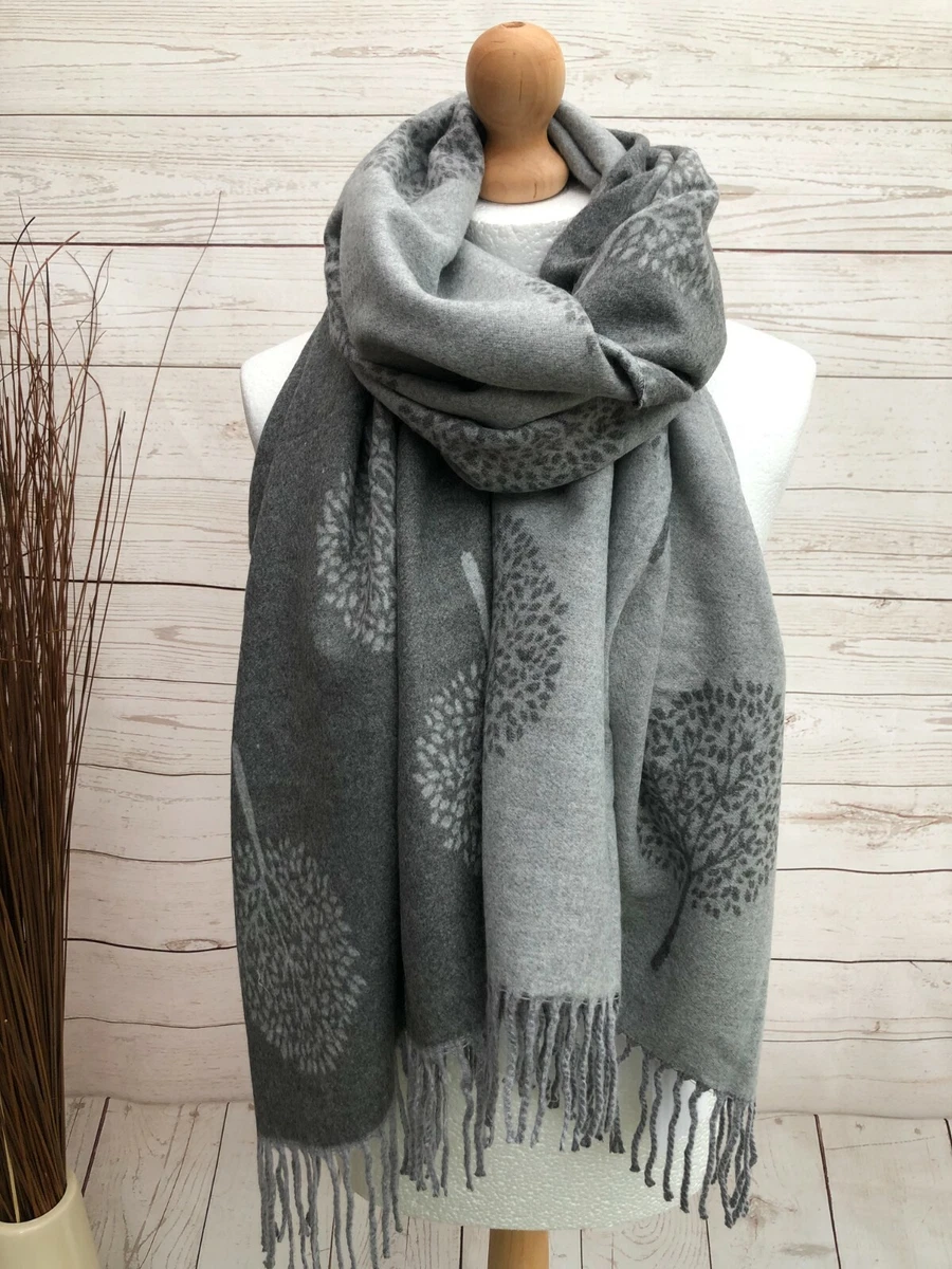 Ladies CASHMERE Blend Mulberry Tree of Life GREY Thick Pashmina Tassel Scarf