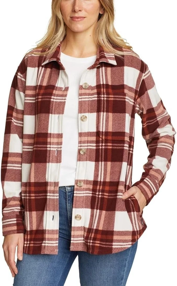 NUEVO CON ETIQUETAS Eddie Bauer Mujer Microfleece Camisa Chaqueta Marrón Cuadros Talla M $75 H313 Foto 2 de 4
