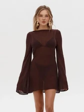 S M L Knit Mini Dress Sexy Backless Bell Sleeve See Through Beach Wear For Women