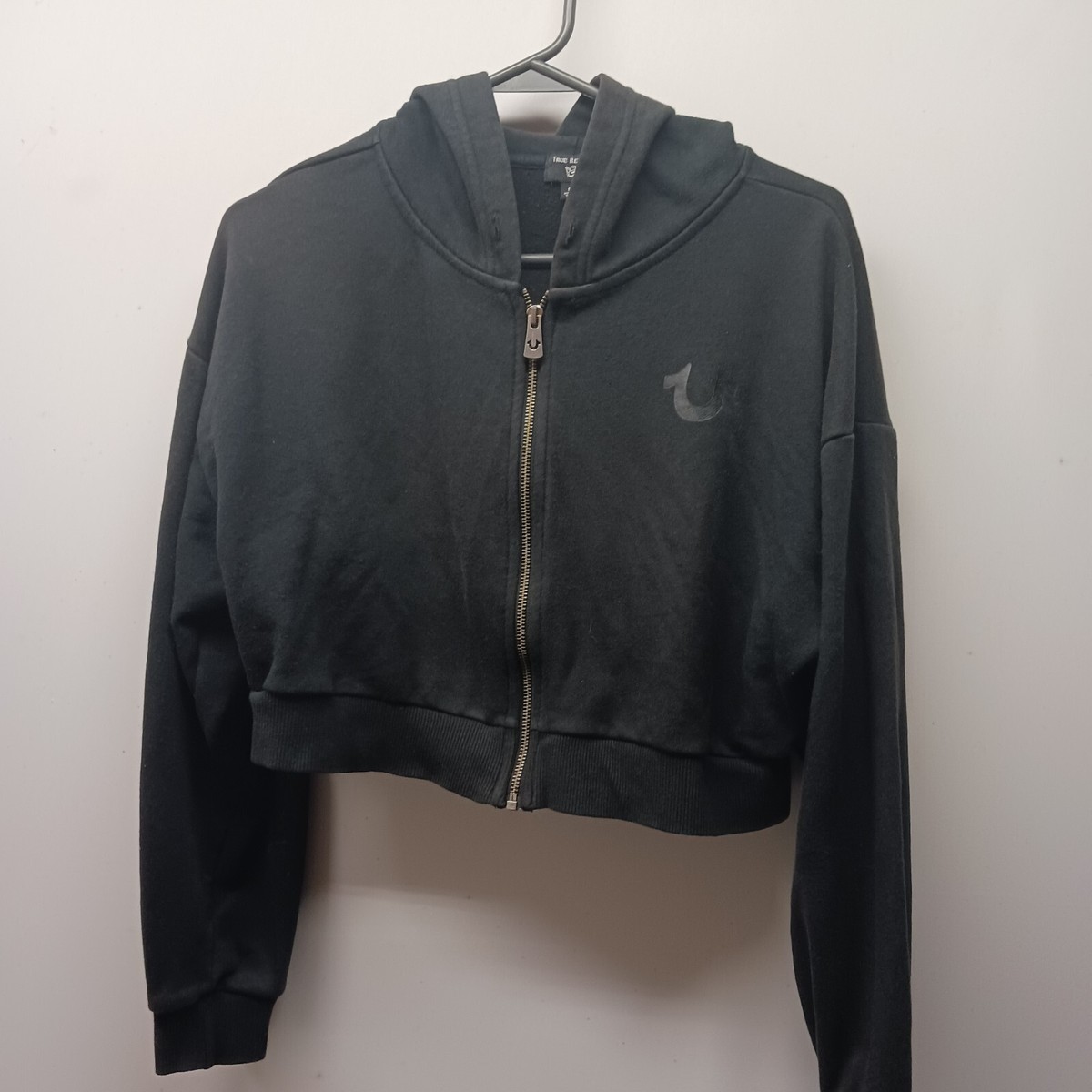 True Religion Black Crop Zip Up Hoodie Jacket Sz S Full Zip Buddha